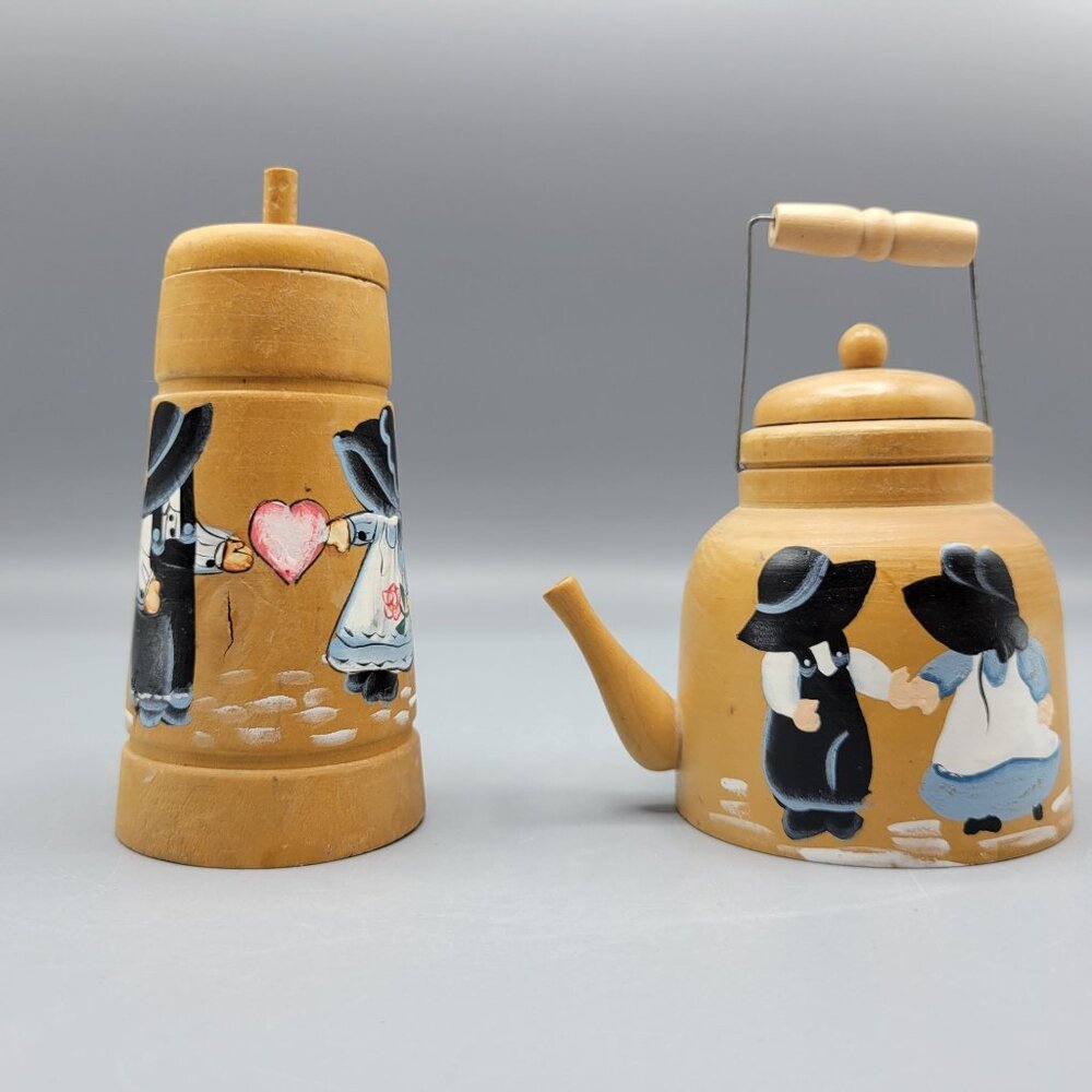 Vintage Mini Wooden Teapot & Butter Churn Hand Painted Amish Couple Design